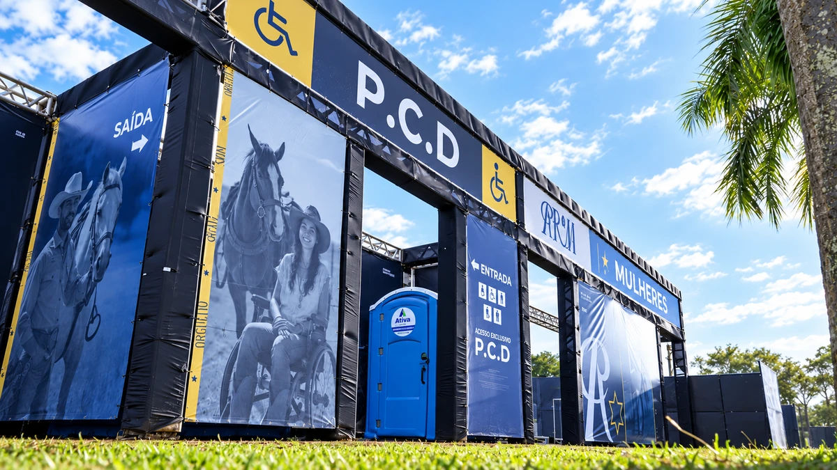Banheiros PCD sinalizados com fachada personalizada checklist-infraestrutura-eventos-de-primavera-container-ativa-locacao
