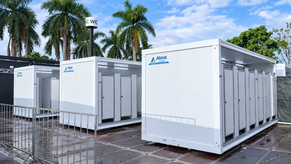 Conjunto de containers banheiro enfileirados checklist infraestrutura eventos de primavera container ativa locacao